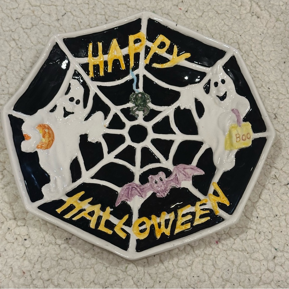 vintage happy halloween spider web plate